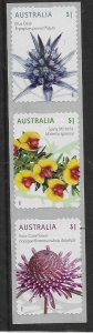 2016    AUSTRALIA  -  WILDFLOWERS  -  SELF ADHESIVE - STRIP OF 3  - UMM