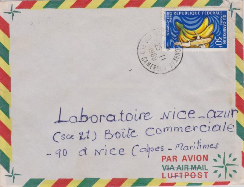 Cameroun 30F Bananas 1969 Airmail to Nice, France.  Cancel unreadable.  EUROP...