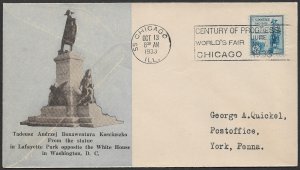 USA 1933 5c KOSCIUSZKO Sc 734 on ROESSLER Cachet CHICAGO World's Fair FDC COVER