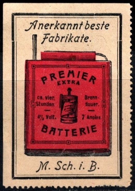 Vintage Germany Poster Stamp Premier Battery Recognized Best Brands Unused