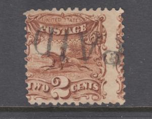 US Sc 113 used. 1869 2c brown Post Horse & Rider, vertical misperf, sound.