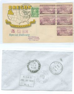 US  1936 3c Oregon Territory Centennial (block of five) on an airmail special delivery first day cover with a Missoula, MT cance