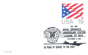 US SPECIAL PICTORIAL CANCEL POSTAL CARD NAVAL ORDNANCE LOUISVILLE KY 1941-1991