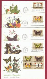  1977 13c AMERICAN BUTTERFLIES #1712-1715a, Set 5 FDCs, Fltw