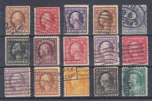 US Sc 334/511 used. 1908-1919 definitives, 15 different, sound.