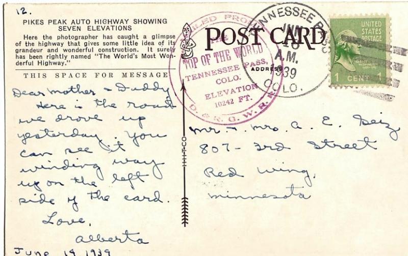 United States Colorado Tennessee Pass 1939 4f-bar  1912-1960  PC  Mailed From...