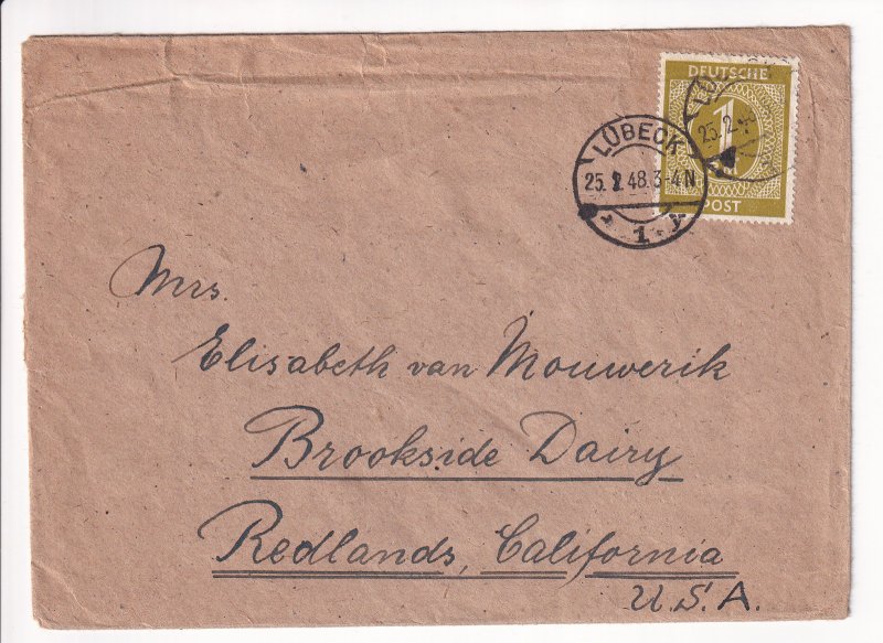 Lubeck, Germany to Redlands, Ca 1948 solo Mi #937 (48318)