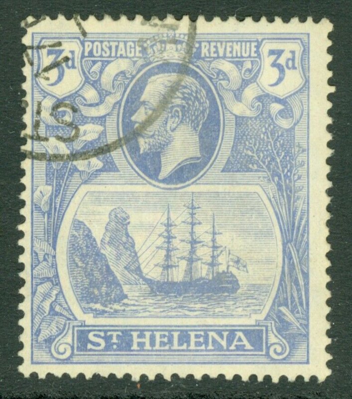 Sg 101c St Helena 1922-37. 3D Bleu Vif ,Variété une Fente Rock. Très Fin Utilisé