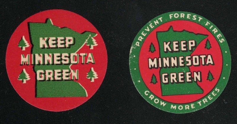 Two Vintage Keep Minnesota Green Poster Stamps - Prevent Forest Fires