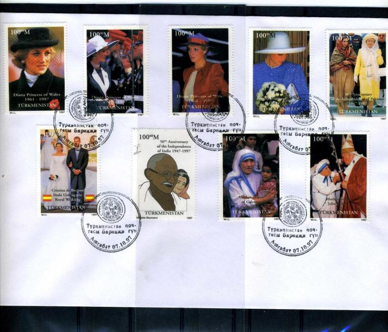 Turkmenistan 1997 Pope John Paul II-Princess Diana set in official FDC