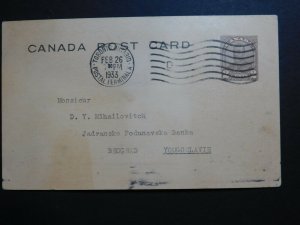 1933 Toronto  Canada Postal Stationary Postcard Cover To Belgrad Yugoslavia