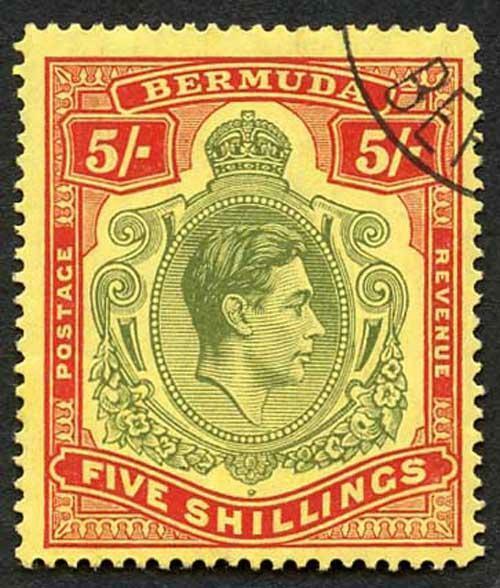 Bermuda SG118b KGVI 5/- Pale Green and Red/yellow Line Perf 14.25 (Ref 63)