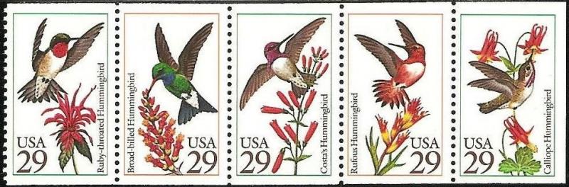 1992 29c Hummingbirds, Pane of 5 Scott 2642-46 Mint F/VF NH