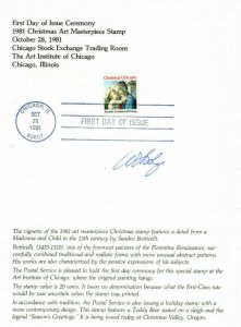 signed PMG+3 USPS First Day Ceremony Program #1939 Xmas Madonna Botticelli 1981