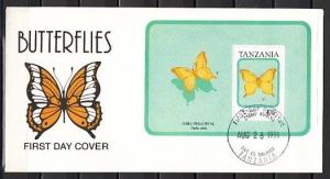 Tanzania, Scott cat. 735. Butterfly s/sheet on a First day cover. ^