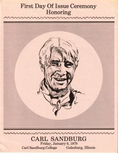 USPS FDC Ceremony Program #1731 C1 Carl Sandburg Poet Lincoln Biography  1978