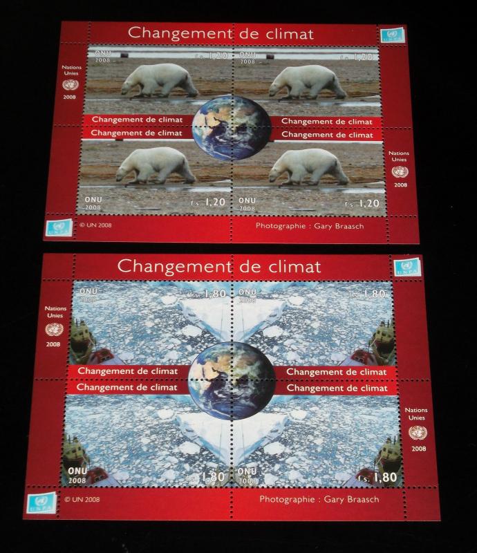 U.N. GENEVA #492-493, 2008, CLIMATE CHANGE, MNH, SHEETS OF 4  NICE!! LQQK!