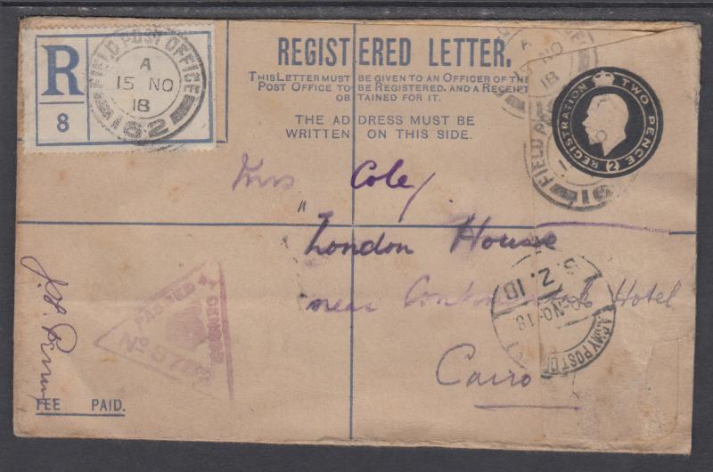 Great Britain H&G IC-1 used 1918 2p Military Registered & Censored Field PO Env