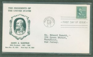 US 825 1938 20c James Garfield (presidential/prexy series) single on an addressed (typed) first day cover with a Hux cut cachet.