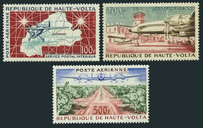 Burkina Faso C1-C3, MNH. Mi 93-95. 1961 Map, Plane; Plane at Airport Ouagadougo.