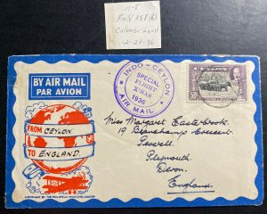 1936 Colombo Ceylon First Xmas Flight Airmail cover To Plymouth England