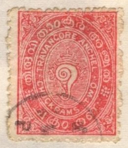 India: Travancore 6 (used) 2ch conch shell, scarlet (1889-99)