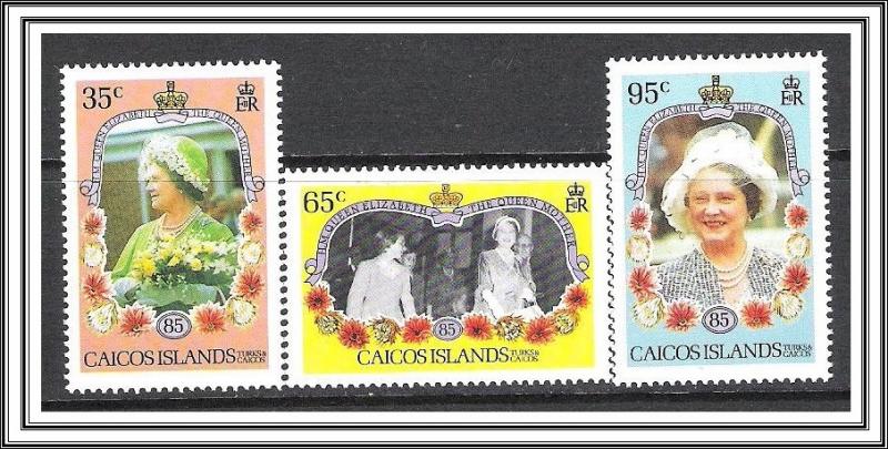 Caicos #74-76 Queen Mother Birthday MNH