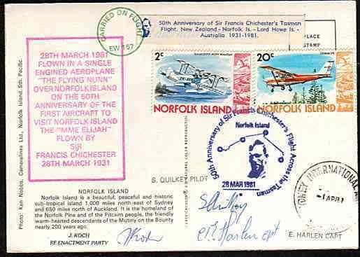 NORFOLK IS 1981 postcard flown Anniv Chichester flight - signed............33568