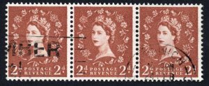 Dollis Hill 2d Light Red Brown No Wmk No Phos Strip of 3 Annotated 10/5 on Back