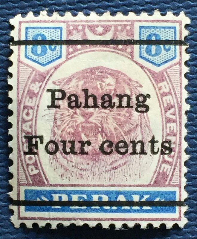 Malaya 1899 PAHANG Four Cents opt PERAK Tiger 8c MH SG#25 M4986