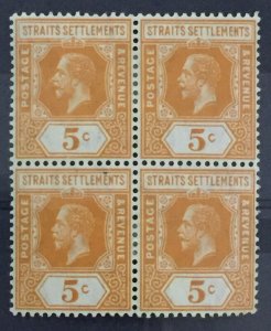 Malaya 1912-23 Straits Settlements KGV 5c 4V block MH MCCA SG#199 M3721