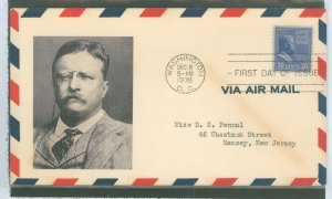 US 830 30c Theodore Roosevelt 9single) part of the 1938 Presidential Series (prexy) on addressed (typed) FDC with an unknown cac