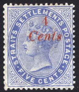 Malaya Straits Settlements 1884 4c on 5c Ultra Scott 68 SG 73 MLH Cat $160