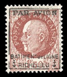 France, Air Post YT3 Cat€185, 1943 Battleship Richelieu, hinged, signed Sanabria
