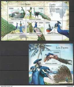 2011 Comoros Fauna Birds Les Paons Kb+Bl ** Uc223
