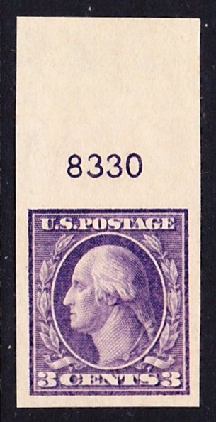 Scott 484, XF Unused OG NH, 3c Imperforate, Plate #8330 Single, See Description