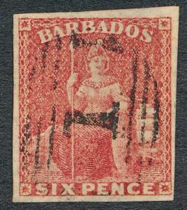 BARBADOS 8 USED, 4 MARGIN IMPERF, 6p ROSE RED