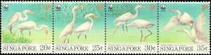 Singapore #673a, Complete Set, Strip of 4, 1993, Birds, World Wildlife Fund, ...