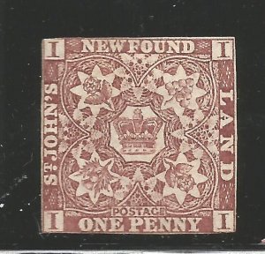 CANADA NEWFOUNDLAND # 1 MINT UN 1d BROWN-VIOLET IMPERFORATE BS25950