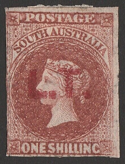 SOUTH AUSTRALIA Land Titles 'L.T.' red QV 1/-, rouletted. Rare. Certificate.