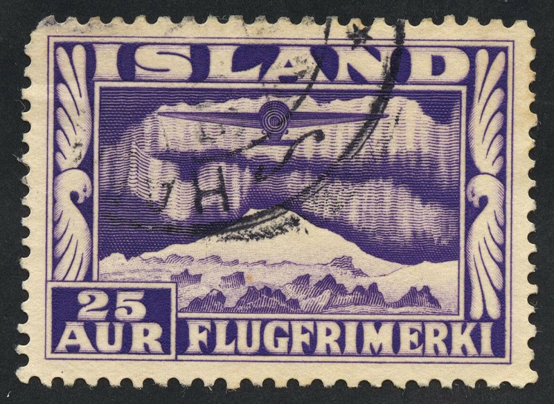 01840 Iceland Scott #C17a used, 25 Aur airmail plane, perf 12.5 x 14, SCV = $45