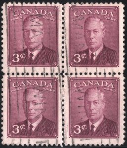 Canada SC#286 3¢ King George VI: Wilding Photo Block of Four (1949) Used