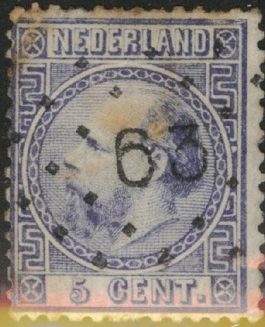Netherlands Scott 7b d used 1867 stamp perf 13.5x13.5 toned