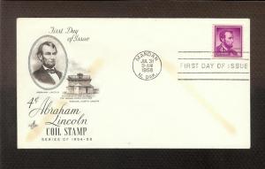FIRST DAY COVER #1058 Abraham Lincoln 4c Coil Stamp ARTCRAFT U/A FDC 1958