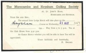 DBT239 1947 GOLF Morecambe & Heysham Golf Society Match Reply Card/Morecambe 