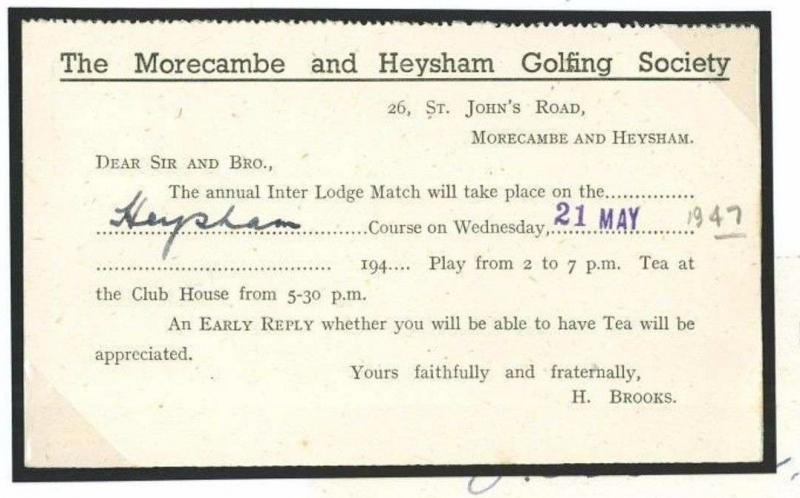 DBT239 1947 GOLF Morecambe & Heysham Golf Society Match Reply Card/Morecambe 