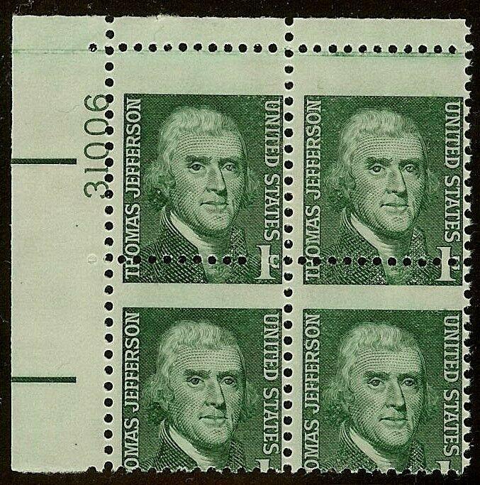 1278 - Misperf Error / EFO Plate# Block Thomas Jefferson Mint NH