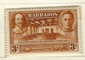 BARBADOS; 1939 early GVI Tercentenary issue Mint hinged 3d. value