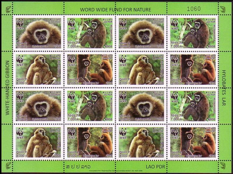 Laos WWF White-handed Gibbon Sheetlet of 4 sets SG#2021-2024 SC#1738a-d