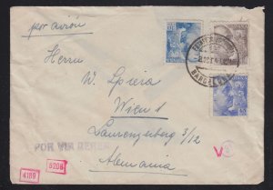 SPAIN 1941 WWII CENSORED AIRMAIL COVER BARCELONA TO VIENNA AUSTRIA GERMANY